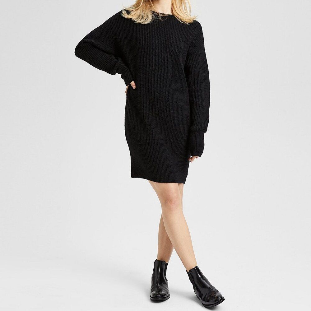 Theory Black Wool Ribbed Cocoon Dress Size S